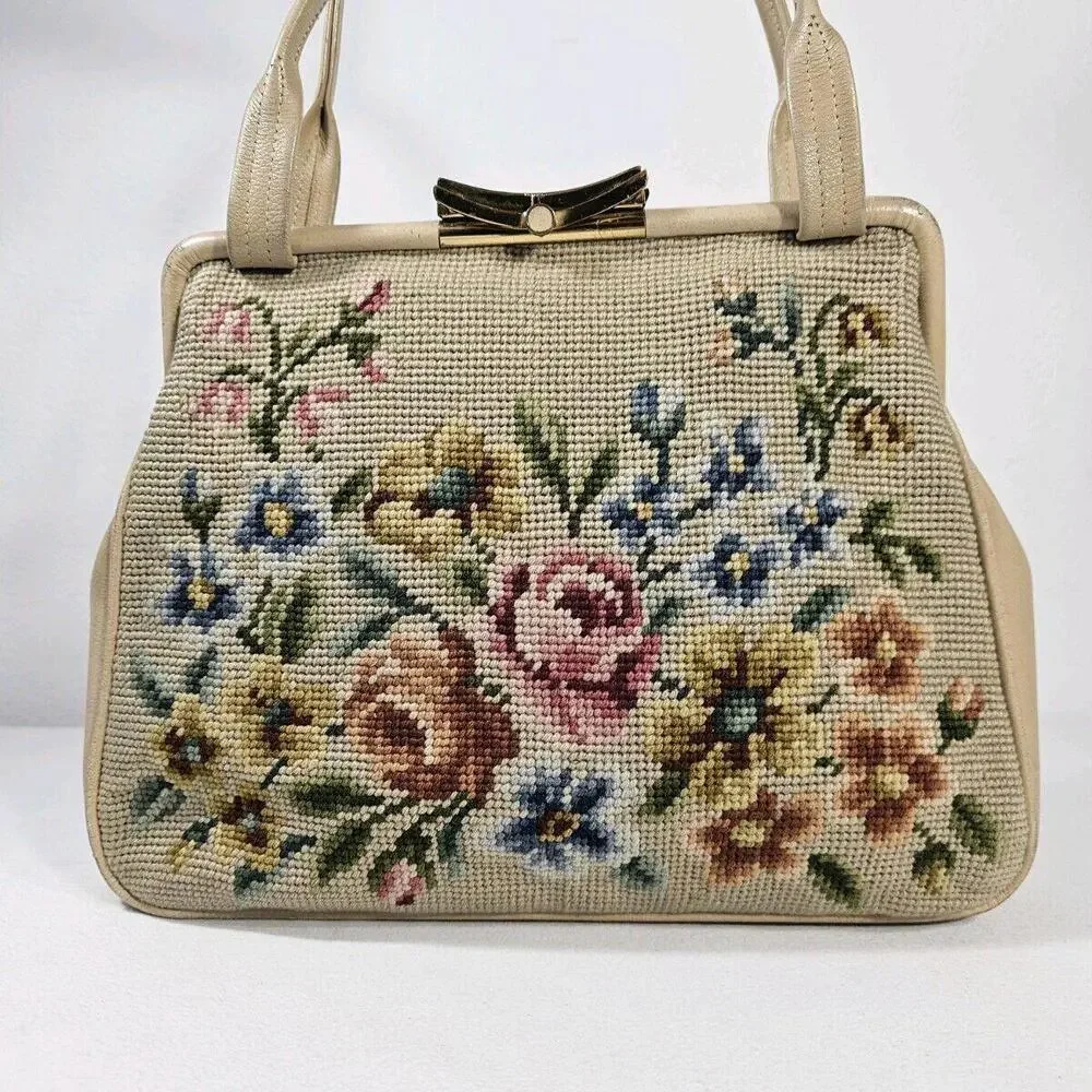 Vintage 1950's Mid Century Needlepoint Floral Purse Handbag Pocket Beige - Picture 1 of 13
